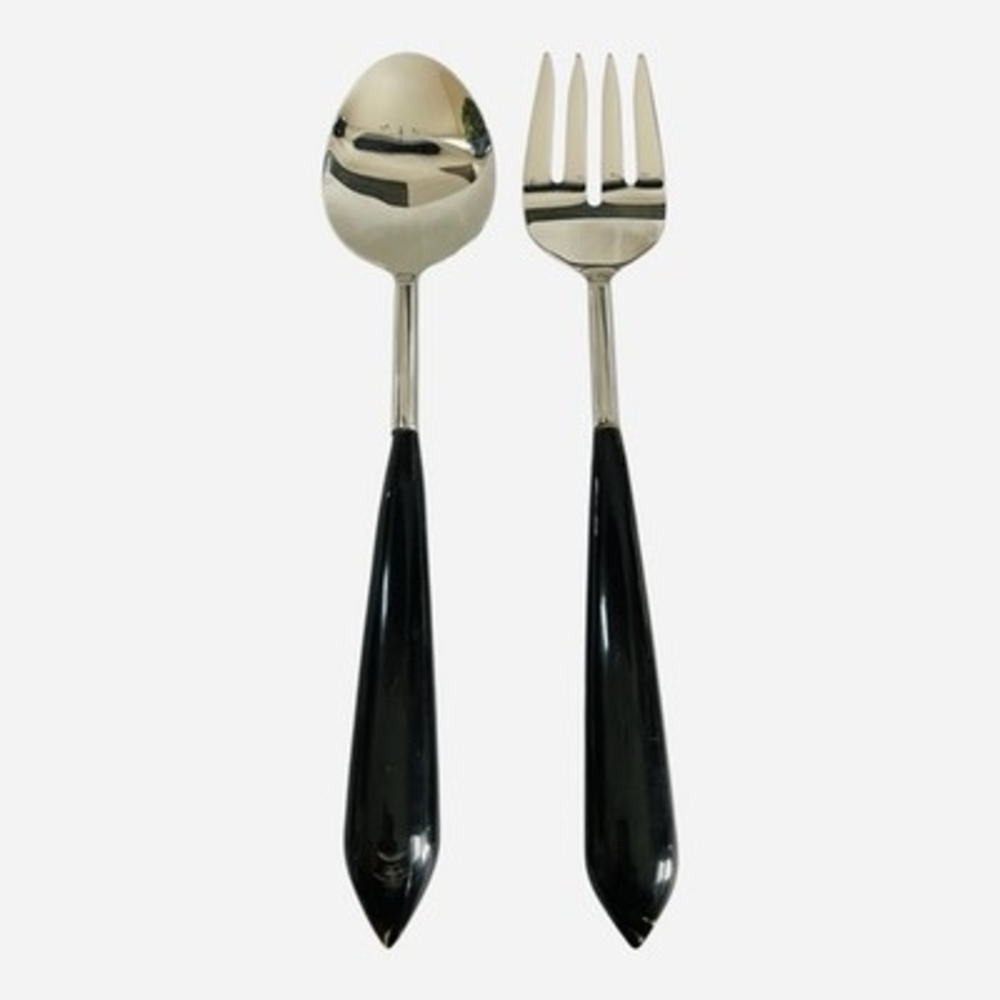 Mid Century Modern Stainless Steel Salad Serving Set Black Handles Vintage